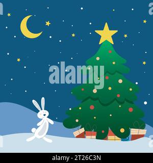 Bunny si trova all'albero di Capodanno con regali di notte. Vigilia di compleanno. Notte di Natale nella foresta con lepre. Tessera invernale festiva con coniglio, abete, luna, Illustrazione Vettoriale