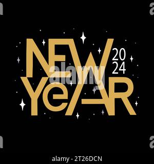 Scritta Capodanno 2024 su sfondo nero. Tipografia disegnata a mano Illustrazione Vettoriale