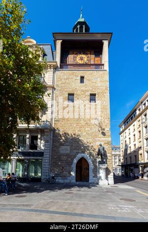 Tour de l'Île, monumento storico di Ginevra situato sulla piccola isola sul fiume Rodano. Ginevra, Svizzera. Foto Stock