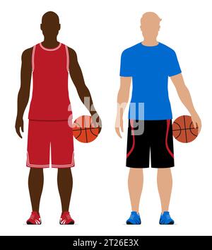 Giocatori di basket in bianco e nero che tengono palle, indossano abbigliamento sportivo professionale e libero, illustrazioni vettoriali isolate su sfondo bianco. Illustrazione Vettoriale