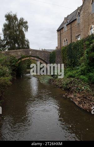Packhorse Bridge sul fiume Brue a Bruton, Somerset, Inghilterra Foto Stock