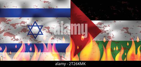 Bandiere Palestina contro israele con fuoco realistico, illustrazione vettoriale Illustrazione Vettoriale