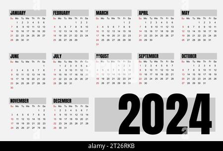 calendario 2024, per aziende, moderno e pulito, stile elegante, formato di modello vettoriale, le settimane iniziano lunedì, felice anno nuovo 2024 Illustrazione Vettoriale