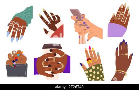 Set di mani femminili diverse con manicure moderna Illustrazione Vettoriale