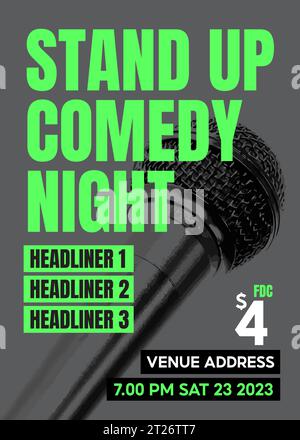 Stand up Show o notte comica, set Vector., microfono o microfono aperto, volantino, concerti, poster, opuscolo, stand up comedy theme Illustrazione Vettoriale