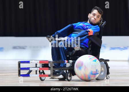 Sydney, Australia. 17 ottobre 2023. Mohamed Ghelami, della squadra di calcio della Francia, è stato visto in azione durante la partita della FIPFA Powerchair Football World Cup 2023 tra Francia e Inghilterra al Quaycenter. Punteggio finale; Francia 2:0 Inghilterra. Credito: SOPA Images Limited/Alamy Live News Foto Stock