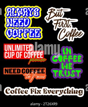 Set di adesivi per caffè, per barista, dipendente dal caffè, design decorativo per bar, formato vettoriale Illustrazione Vettoriale