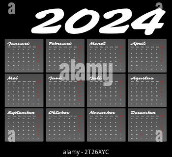 calendario 2024, per aziende, moderno e pulito, stile elegante, formato di modello vettoriale, le settimane iniziano lunedì, felice anno nuovo 2024 Illustrazione Vettoriale