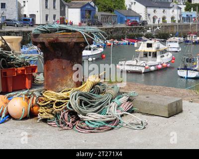 Dissuasore arrugginito, fiori e corde di pescatori nel porto di Porthleven, in Cornovaglia, Inghilterra Foto Stock