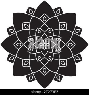 Mandala singolo bianco e nero - Flower Nature, Foliage, Leaves, Energy Wheel Circle Complex Symbol Abstract Decoration Coloring Page Illustrazione Vettoriale