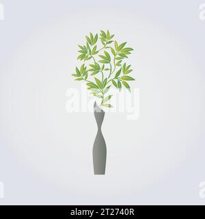 Vaso moderno con rami di bambù verde decorazione interna silhouette per la casa Illustrazione Vettoriale