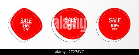 Un set di tre badge pubblicitari rossi per la vendita su sfondo bianco. Illustrazione Vettoriale