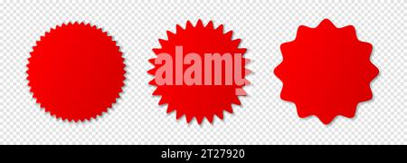 Un set di cartellini prezzo rossi con una vendita su sfondo bianco. Offerte speciali o etichette di sconto al momento dell'acquisto. Illustrazione Vettoriale