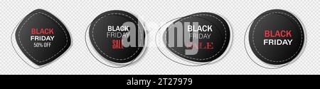 Una serie di etichette prezzo isolate, adesivi sconto per il Black Friday su sfondo bianco. Illustrazione Vettoriale
