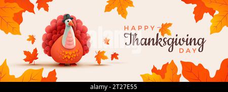 Banner Happy Thanksgiving Day con grazioso stile cartoni animati e fogliame autunnale: Sfondo orizzontale perfetto per social media e greeti Illustrazione Vettoriale