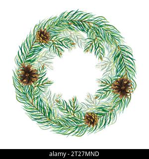 Corona di Natale ad acquerello con bacche, coni di pino e rami d'albero. Bordo di abete dipinto a mano isolato su sfondo bianco. Illustrazione botanica Foto Stock