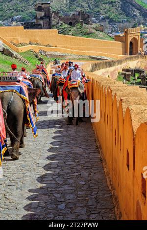 I turisti in sella agli elefanti da e per il forte d'ambra di Jaipur Foto Stock