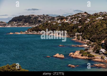 Scorching Bay, Karaka Bay area, Miramar Peninsula, Wellington, nuova Zelanda Foto Stock