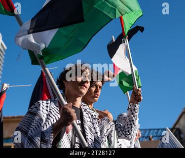 I sostenitori della Palestina manifestano di fronte al Consolato israeliano a West Los Angeles, California, sabato 14 ottobre 2023. Foto Stock