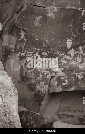 Pannello Owl. Petroglyph trovato nel Nine Mile Canyon, la più grande galleria d'arte all'aperto del mondo, West Tavaputs Plateau, vicino a Price, Utah, Stati Uniti. Foto Stock