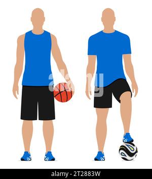 Uomini sportivi con palle da basket e da calcio, illustrazione vettoriale isolata su sfondo bianco. Illustrazione Vettoriale