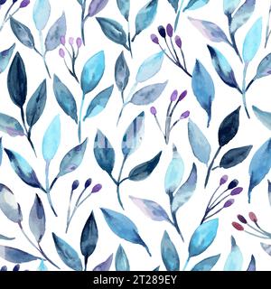 Motivo senza cuciture con foglie astratte blu e boccioli floreali. Illustrazione di acquerello disegnata a mano. Illustrazione Vettoriale