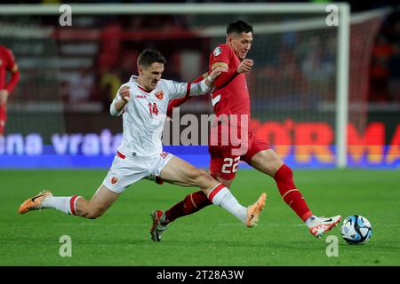 Belgrado, Serbia. 17 ottobre 2023. Il serbo Sasa Lukic (R) sfida il montenegrino Edvin Kuc durante la partita di qualificazione al gruppo G di UEFA Euro 2024 tra Serbia e Montenegro a Belgrado, Serbia, il 17 ottobre 2023. Crediti: Predrag Milosavljevic/Xinhua/Alamy Live News Foto Stock