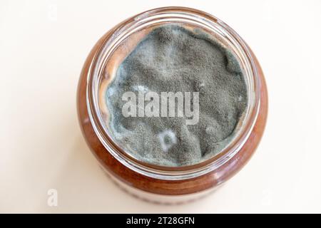 Aprire il vaso con marmellata dolce e muffa su sfondo bianco. Foto Stock