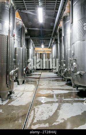 Cantina di una moderna cantina con botti di legno e silos in acciaio inox Foto Stock