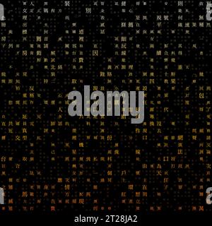 Sfondo della griglia delle lettere. Caratteri casuali dell'alfabeto tradizionale cinese. Ripetizione a matrice graduata. Sfondi a tema color ambra. Illustrazione Vettoriale