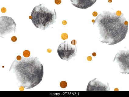 Sfondo grunge nero dorato astratto con cerchi di vernice ad acquerello. Illustrazione vettoriale Illustrazione Vettoriale
