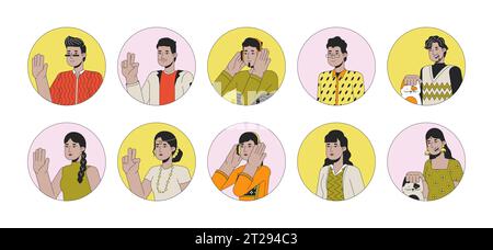 Serie di illustrazioni per avatar vettoriali lineari 2D Happy indians South asians Illustrazione Vettoriale
