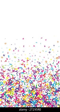 Lettere latine volanti. Carte colorate dell'alfabeto inglese sparse per bambini. Concetto di studio delle lingue straniere. Banner di ritorno a scuola su sfondo bianco. Illustrazione Vettoriale