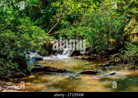 Piccolo fiume che scorre attraverso la foresta tra le rocce e la vegetazione nello stato di Minas Gerais, Brasile Foto Stock
