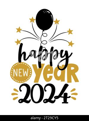 Buon anno 2024 - biglietto d'auguri. Moderna calligrafia a pennello. Isolato su sfondo bianco. Lettere disegnate a mano per biglietti di auguri di Natale, inviti Illustrazione Vettoriale