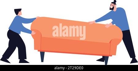 Un facchino disegnato a mano sta spostando un divano per un cliente in stile piatto isolato sullo sfondo Illustrazione Vettoriale