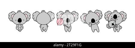 Set di Cartoon isolato Koala. Set di simpatici Kawaii Koala Bear in divertente stile cartone animato. Illustrazione Vettoriale