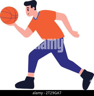 Personaggio del giocatore di basket disegnato a mano che gioca a basket in stile piatto isolato sullo sfondo Illustrazione Vettoriale