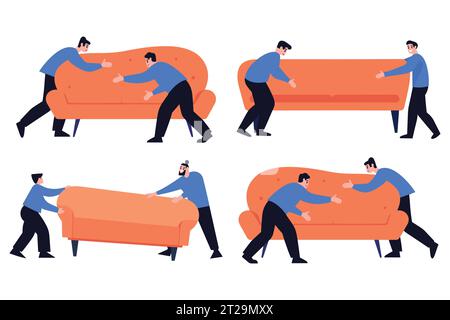 Un facchino disegnato a mano sta spostando un divano per un cliente in stile piatto isolato sullo sfondo Illustrazione Vettoriale