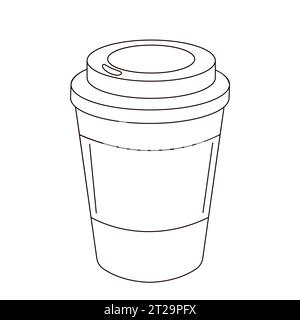 Tazza di caffè in carta con contorno, stile di schizzo. Illustrazione vettoriale isolata su sfondo bianco. Illustrazione Vettoriale