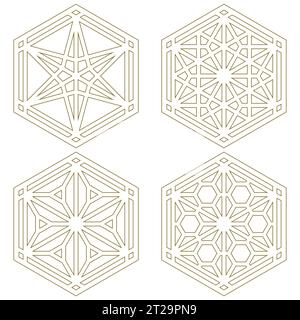 Un set di quattro elementi di design basati su ornamenti del tradizionale artigianato giapponese Kumiko Zaiku. Linee di colore marrone Illustrazione Vettoriale