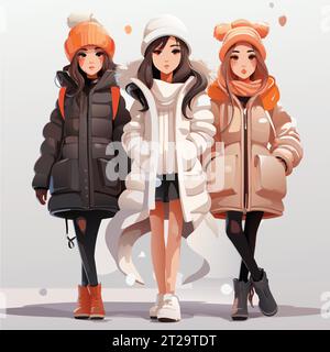 Look Street fashion. Giovani donne vestite con abiti oversize alla moda. Modelli in piedi in varie posizioni. Stile dei cartoni animati asiatici. Disegnato a mano Illustrazione Vettoriale