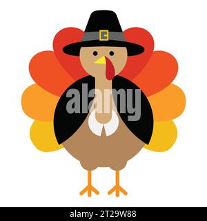 Happy Thanksgiving Celebration Design con Cartoon Turkey Vector, Turkey Pilgrim carino maglietta del giorno del Ringraziamento Illustrazione Vettoriale