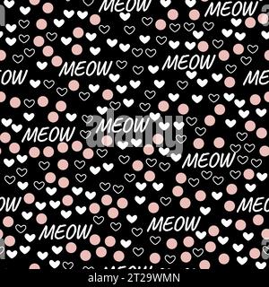 Gatto vettoriale disegnato a mano modello di meow e cuori senza cuciture Illustrazione Vettoriale