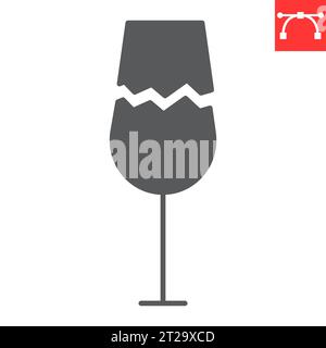 Icona glifo fragile, logistica e confezione, icona vettoriale in vetro di vino incrinato, grafica vettoriale, segno solido tratto modificabile, eps 10. Illustrazione Vettoriale
