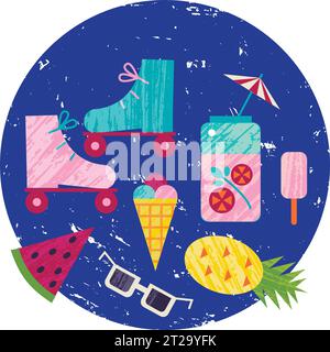 Estate vettoriale illustrazione colorata, viaggi, vacanze. Set di oggetti da spiaggia testurizzati, gelato, cocktail, ananas Illustrazione Vettoriale