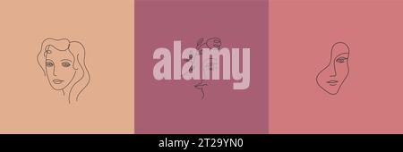 Set vettoriale di ritratti astratti femminili, sfondi creativi in stile minimalista alla moda, modelli di design a una linea per storie sui social media e loghi. Illustrazione Vettoriale