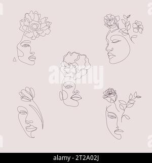Serie vettoriale di volti femminili, corpi illustrazioni artistiche, teste con fiori e foglie, concetto di natura femminile. Da utilizzare per stampe, tatuaggi, poster Illustrazione Vettoriale