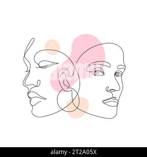 Grafica dei volti vettoriali lineari, ritratti delle donne. Linea continua, concetto di bellezza moda, illustrazione minimalista donna, monolina. Poster artistico, biglietto Illustrazione Vettoriale