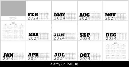 calendario per la progettazione di 2024 anni con grafica semplice per la pianificazione degli uffici con mesi e settimane. Modello annuale dell'organizzatore giornaliero Illustrazione Vettoriale